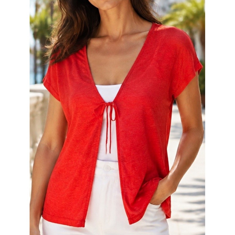 Sigrid Olsen Red Linen Knit Blouse V-Neck Tie Front Short Sleeve Size L